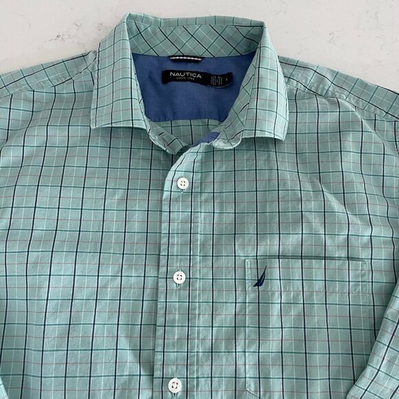 Nautica LS Button Down Cotton Tencel Blend Check Shirt Soft Green Blue Sz L - Picture 4 of 13